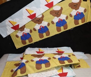 lot 137 image: Vintage Hand-Stitched Appliqu Patchwork Bears N Boats Quilt Project Near Complete wPattern Templates and Coordinating Fabric..