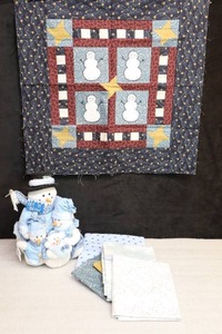 lot 152 image: Vintage Quilted Wall Art Patchwork Appliqu Snowman Project Near Complete, Bulk Fabric and Stuffed Snowman Family