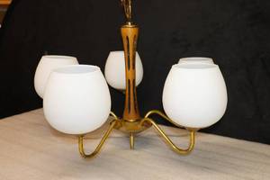 lot 209 image: Mid-Century Modern WalnutBrass() Flush-Mount Hanging Chandelier wFive Frosted White Satin Glass Shades