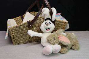 lot 217 image: Vintage Woven Basket, Textiles, Twin Eyelet Bedskirt Dust Ruffle, Stuffed Bunny, 1983 Dakin Bunny Hand Puppet Etc