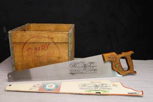 lot 218 image: Vintage Sandvik 26-Inch 277 Hand Saw wOriginal Cover, Dairy Fresh Brand Wood Metal Milk Crate Box