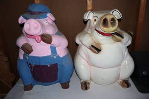 lot 231 image: (2) Vintage Ceramic Bisque Large Pig Statue Projects...