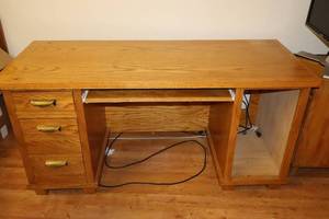 lot 240 image: Relisted...Vintage Solid Oak Wood Desk wSmooth Glide Drawers and Pullout Tray