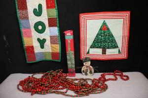 lot 185 image: Holiday Wall Table DeCorQuilted Wall Table Textiles, Wooden Bead Garland, Snowman and Mini Tree wBox