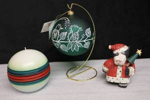 lot 188 image: Holiday Table DeCorAndrzej Handmade in Poland Two Partridges In A Pear Tree 5-Inch Round Glass Bulb Ornament, Candle and Cow
