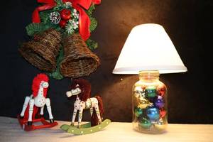 lot 203 image: Vintage Holiday DeCorCanning Jar Light Project Filled wShiny-Brite() Bulbs, Wooden Rocking Horses, Wicker Bell Door Garland