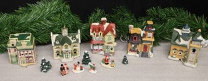 lot 205 image: Rare Find...Vintage Traditions 13-Piece Winter Village Church Bakery Quilt Shop City Hall w Lights