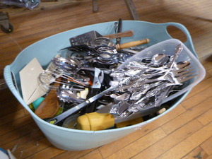 lot 141 image: Tub of Assorted Utensils and Flatware