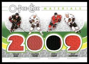 lot 37 image: Chicago Blackhawks Quad Relic - Patrick Kane, Jonathan Toews, Sharp, Seabrook - 2009-10 O-Pee-Chee Materials #J-HAWK Hockey Card