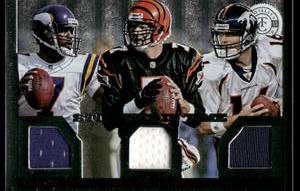 lot 102 image: Triple Relic - Randall Cunningham, Boomer Esaison, Jake Plummer 299 2013 Totally Certified Stitches in Time #54, numbered 111299 Football Card
