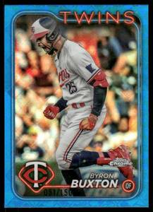 lot 108 image: Byron Buxton 150 Blue Logofractor 2024 Topps Chrome, numbered 51150 Minnesota Twins Baseball Card
