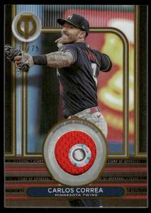 lot 154 image: Carlos Correa 75 Game-Used Relic 2024 Topps Stamp of Approval #SOA-CCO, numbered 7075, Minnesota Twins Baseball Card