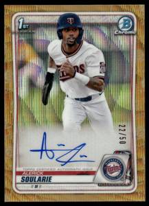 lot 176 image: Alerick Soularie Auto 50 Gold Wave 2020 Bowman Chrome 1st #CDA-ASO, numbered 2250, Minnesota Twins Baseball Card