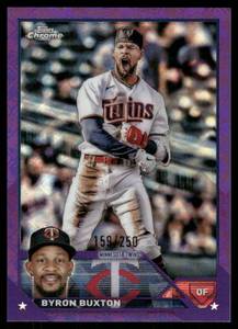 lot 186 image: Byron Buxton 250 Purple Logofractor 2023 Topps Chrome #28 Minnesota Twins Baseball Card