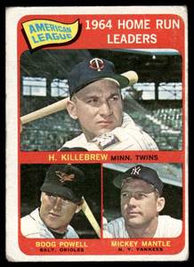 lot 12A image: Mickey Mantle, Harmon Killebrew, Boog Bowell 1965 Topps AL HR Leaders #3 Vintage Baseball Card
