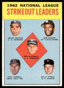 lot 26A image: Don Drysdale  Sandy Koufax  Bob Gibson 1963 Topps NL Strikeout Leaders #9 Vintage Baseball Card
