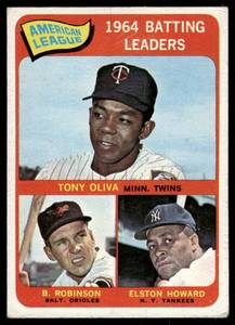 lot 27A image: Tony Oliva  Brooks Robinson  Elston Howard 1965 Topps #1 AL Batting Leaders Vintage Baseball Card