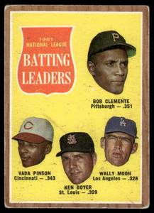 lot 43A image: Roberto Clemente 1962 Topps#52 NL Batting Leaders w Pinson, Boyer, Moon Vintage Baseball Card