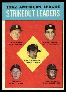 lot 60A image: Jim Kaat, Jim Bunning, Camilo Pascual 1963 Topps AL Strikeout Leaders #10 Vintage Minnesota Twins Baseball Card