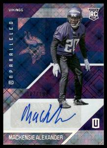 lot 106A image: Mackensie Alexander RC Auto 199 2016 Unparalleled #180, numbered 187199, Rookie Signed Minnesota Vikings Football Card