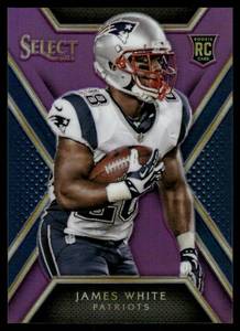 lot 107A image: James White 25 RC 2014 Select Purple Prizm #132, numbered 1925, RARE Football Card