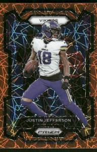 lot 25C image: Justin Jefferson Orange Laser Prizm 2023 #195 Minnesota Vikings Football Card