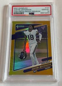 lot 14 image: Justin Jefferson PSA 10 Gem Mint 2021 Donrusss VAR-Press Proof Premium #127 Minnesota Vikings Football Card