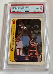 lot 19 image: Patrick Ewing RC Sticker PSA 6 EX-MT 1985 Fleer #6 Rookie Vintage Basketball Card