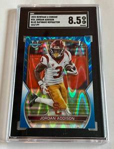 lot 25 image: Jordan Addison RC SGC 8.5 NM-MT 199 Blue Wave Refractor 2022 Bowman U Chrome #36, numbered 164199 Rookie Minnesota Vikings Football Card