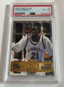 lot 34 image: Kevin Garnett RC PSA 6 EX-MT 1995 Press Pass #5 Rookie Minnesota Timberwolves Basketball Card
