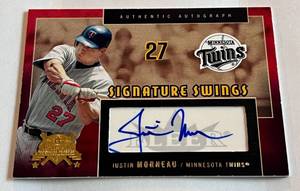 lot 9A image: Justin Morneau Auto 199 2005 Fleet Americas National Pastime Signature Swings #SS-JM, numbered 108199 Signed Minnesota Twins Baseball Card