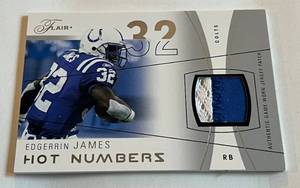 lot 97A image: Edgerrin James 75 Relic Patch 2004 Flair Hot Numbered #HN-EJ, numbered 1075 Football Card