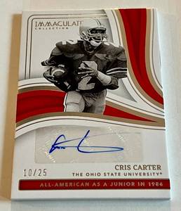 lot 3C image: Cris Carter Auto 25 2023 Immaculate Collegiate College Greats Signatures #CGD-CC, numbered 1025, RARE Minnesota Vikings Signed Football Card