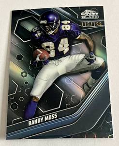 lot 201 image: Randy Moss 199 Black Refractor 2024 Topps Chrome Blakc Composite #129, numbered 115199 Minnesota Vikinfs Football Card