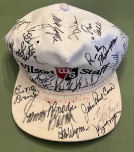 lot 122D image: 36 Autographs Senior PGA Tour Golf Hat - Includes Johnny Bench