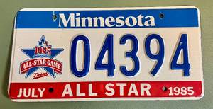 lot 21D image: 1985 MLB All-Star Game License Plate - Minnesota Twins Baseball