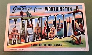 lot 72D image: Vintage 1943 Worthington, Minnesota Lan of 10,000 Lakes Post Card