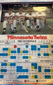 lot 83D image: Minnesota Twins 1983 Schedule Signed by Kent Hrbek, Gary Gaetti, and Tom Brunansky - Baseball