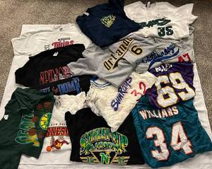 lot 103D image: (13) Vintage Sports T-Shirts  Jerseys - Puckett, Ricky Williams Jersey, Jared Allen Jersey, 92 Super Bowl, 5 Minor League Baseball Jerseys (2 Signed), and More