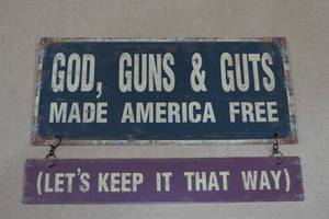 lot 101 image: Metal Novelty Sign -Gods, Guns, Guts