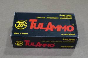 lot 155 image: 50 TulAmmo 9mm Luger 115 Gr FMJ Steel Case Ammo