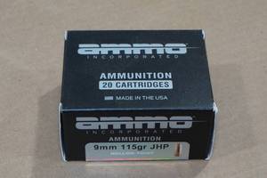 lot 165 image: 20 Ammo Inc 9mm 115 Gr JHP Ammo