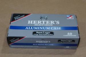 lot 169 image: 50 Herters 9mm Luger 115 Gr TNJ Aluminum Case Ammo