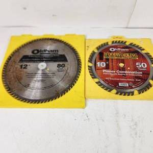 lot 33 image: Lot Of Two Oldham Saw Blades 10 Planer Combination 50 Tooth 12 80 Tooth Good Condition