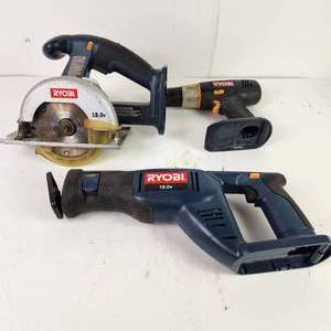 lot 48 image: Lot Of Three Ryobi Tools 18V P501 Saw P510 Hand Saw P204 Drill TOOLS ONLY Tested And Work