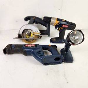 lot 49 image: Lot Of Four 18V Ryobi Tools Two Saws Drill And Flashlight TOOLS ONLY Tested And Work