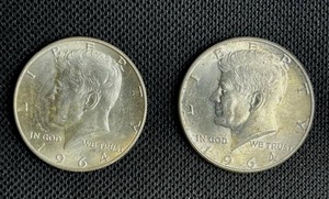 lot 14 image: Two 1964 Kennedy Half Dollars EF (each) 90% Silver