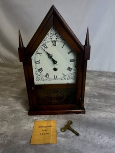 lot 39 image: Vintage German Rensie 8-Day Steeple Mechanical Clock with Key