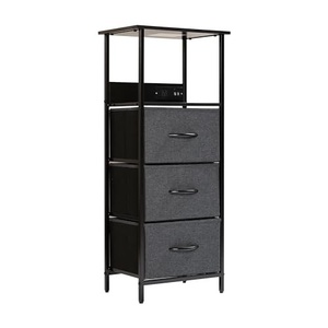 lot 15 image: Sodano 3-Drawer Nightstand w Charging Station, 2 USB Ports, 1 Outlet, Fabric Drawers, Wood Handles, Metal Frame, CharcoalBlack