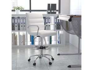 lot 30 image: Mid-Back LeatherSoft Drafting Chair with Adjustable Foot Ring & Chrome Base, White